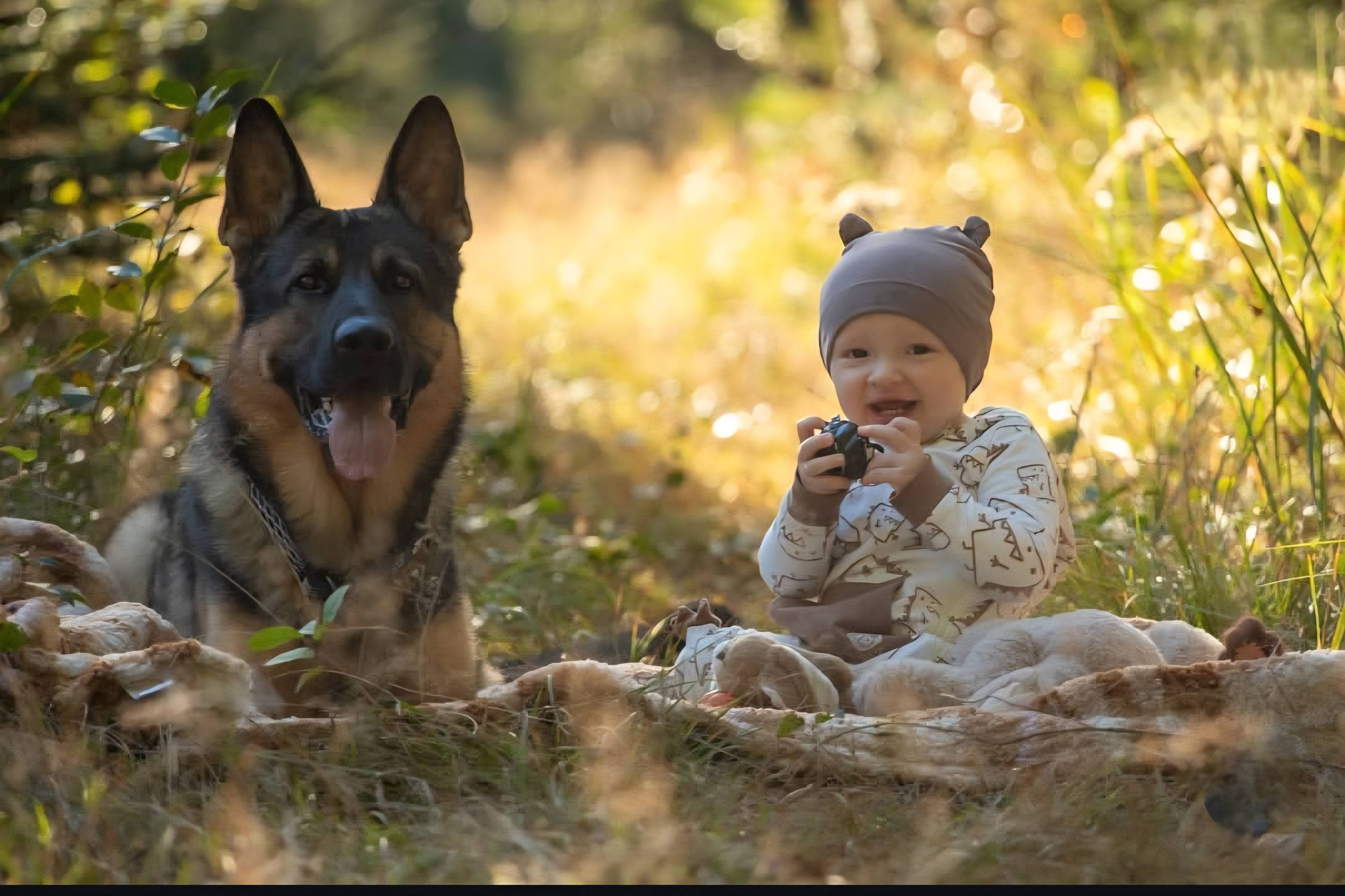 Miminko s německým ovčákem v podzimní přírodě